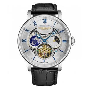 Relógio Automático Dual Time Majestic 47mm com Mostrador Prateado, Pulseira Preta e Moldura Prateada da Stuhrling.