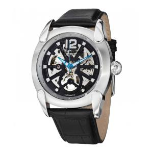 Relógio Axial 725 Automático 47mm com Mostrador Preto e Pulseira de Couro Preta - Prata e Fivela Tang da Stuhrling.