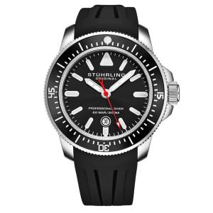 Relgio Maritimer 935 de 43mm, Mostrador Preto e Pulseira de Borracha Preta com Fivela de Prata - Stuhrling