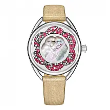 Relgio Stuhrling Lily 995 com pulseira de couro bege e mostrador prateado de 38 mm, detalhes em prata e fivela prateada.