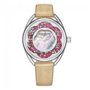 Relgio Stuhrling Lily 995 com pulseira de couro bege e mostrador prateado de 38 mm, detalhes em prata e fivela prateada.