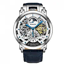 Relgio Automtico Menai 906, Mostrador Prateado 47mm, Pulseira de Couro Azul Fivela Tang Prata - Stuhrling