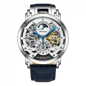 Relgio Automtico Menai 906, Mostrador Prateado 47mm, Pulseira de Couro Azul Fivela Tang Prata - Stuhrling