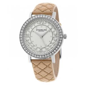 Relógio Stuhrling Audrey 786 38mm, mostrador prateado e pulseira de couro castanho com fivela tang em prata.