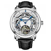 Relógio automático Celestial Timekeeper 1017 com duplo fuso horário, 44mm, mostrador prateado e pulseira preta - Stuhrling.