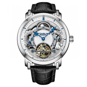 Relógio automático Celestial Timekeeper 1017 com duplo fuso horário, 44mm, mostrador prateado e pulseira preta - Stuhrling.