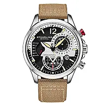 Relgio Stuhrling Aviador Cordura 908 de 45mm, Mostrador Preto e Pulseira de Couro Bege com Fivela Tang de Prata