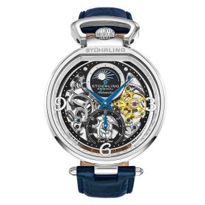 Relgio Automtico Modena 889 - Mostrador Preto, Pulseira Azul em Couro e Fivela Prateada - Stuhrling de 46mm