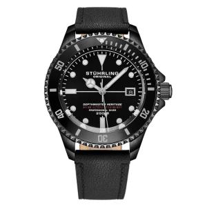 Relógio Automático Suíço Stuhrling Depthmaster Heritage 883HB Preto Caixa 42mm Pulseira Couro Vidro Krysterna Bisel Rotativo