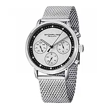 Relógio Stuhrling Obscure Pro 514M 42mm com mostrador preto e pulseira de aço inoxidável prateada.