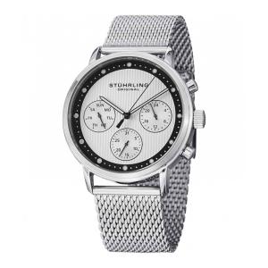 Relógio Stuhrling Obscure Pro 514M 42mm com mostrador preto e pulseira de aço inoxidável prateada.