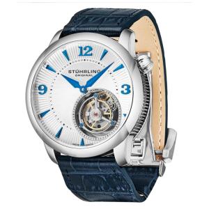 Relogio Eclipse Tourbillon 390L de 43mm, mostrador prateado, pulseira de couro azul e fivela Tang Stuhrling