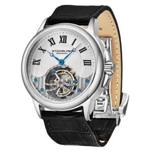 Relogio de pulso Aureate Tourbillon 541L de 42 mm com corda manual, mostrador prateado e pulseira de couro preto com fivela de implantacao
