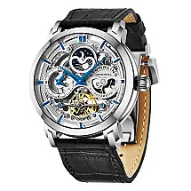 Relogio Automatico Anatol 371L, Mostrador Prateado 46mm, Pulseira de Couro Preto Fivela Tang Prata, Stuhrling.