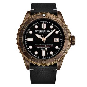 Relogio Automatico Swiss Depthmaster Heritage 1003 44MM, Mostrador Preto e Cobre, Pulseira de Couro Preto Stuhrling.