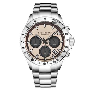 Relgio de pulso crongrafo ltima 3960 de 42mm, mostrador champanhe, pulseira de prata, Stuhrling