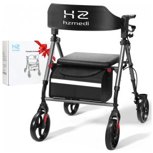 Andador para Idosos, Walker Dobrável Cinza com Assento, Rodas de 20cm para Todo Terreno, Andador Médico Ajustável com Encosto e Freios