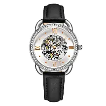 Relgio Automtico Stuhrling 3991 - Mostrador Prateado, Pulseira de Couro Preta e Fivela Tang Prata (36mm)