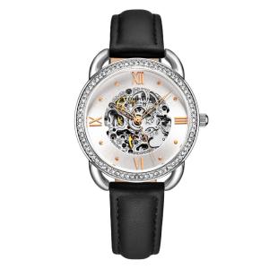 Relgio Automtico Stuhrling 3991 - Mostrador Prateado, Pulseira de Couro Preta e Fivela Tang Prata (36mm)