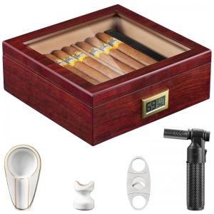 Umidor Flauno com Isqueiro Chama, Cortador, Cinzeiro, Suporte, Higrômetro, Divisor, Cedro Espanhol, até 60 Charutos