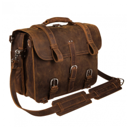 Bolsa Maleta de Couro Unissex para Laptop, AUGUS, Marrom