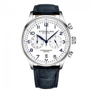 Relógio Cronógrafo Stuhrling GR1Q 4012 42mm Mostrador Branco Pulseira Couro Azul Fivela Prata