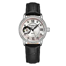 Relógio Automático Stuhrling Legacy 34 mm, Mostrador Prateado, Pulseira Couro Preta e Fivela Prata