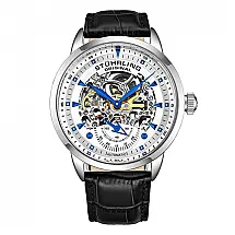 Relógio Automático Stuhrling Executive 44mm, Mostrador Branco, Pulseira Couro Preta com Fivela Prata