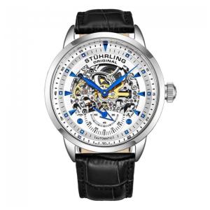 Relógio Automático Stuhrling Executive 44mm, Mostrador Branco, Pulseira Couro Preta com Fivela Prata