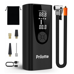 Compressor de Ar Portátil 150 PSI Recarregável com Medidor de Pressão e Luz de Emergência, 16V, Prilotte, Preto