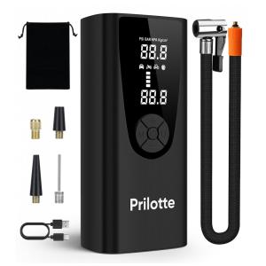 Compressor de Ar Portátil 150 PSI Recarregável com Medidor de Pressão e Luz de Emergência, 16V, Prilotte, Preto