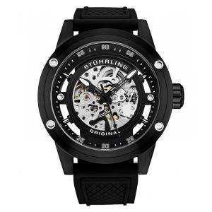 Relógio Automático Stuhrling 4034 50mm Mostrador Preto Pulseira Borracha Preta Fivela Tang Preta
