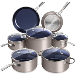 Conjunto de Panelas Antiaderente em Cerâmica 12 Peças com Infusão de Diamante, sem PTFE e PFOA, Seguro para Forno, Tampas de Vidro Temperado