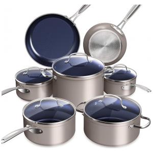 Conjunto de Panelas Antiaderente em Cerâmica 12 Peças com Infusão de Diamante, sem PTFE e PFOA, Seguro para Forno, Tampas de Vidro Temperado