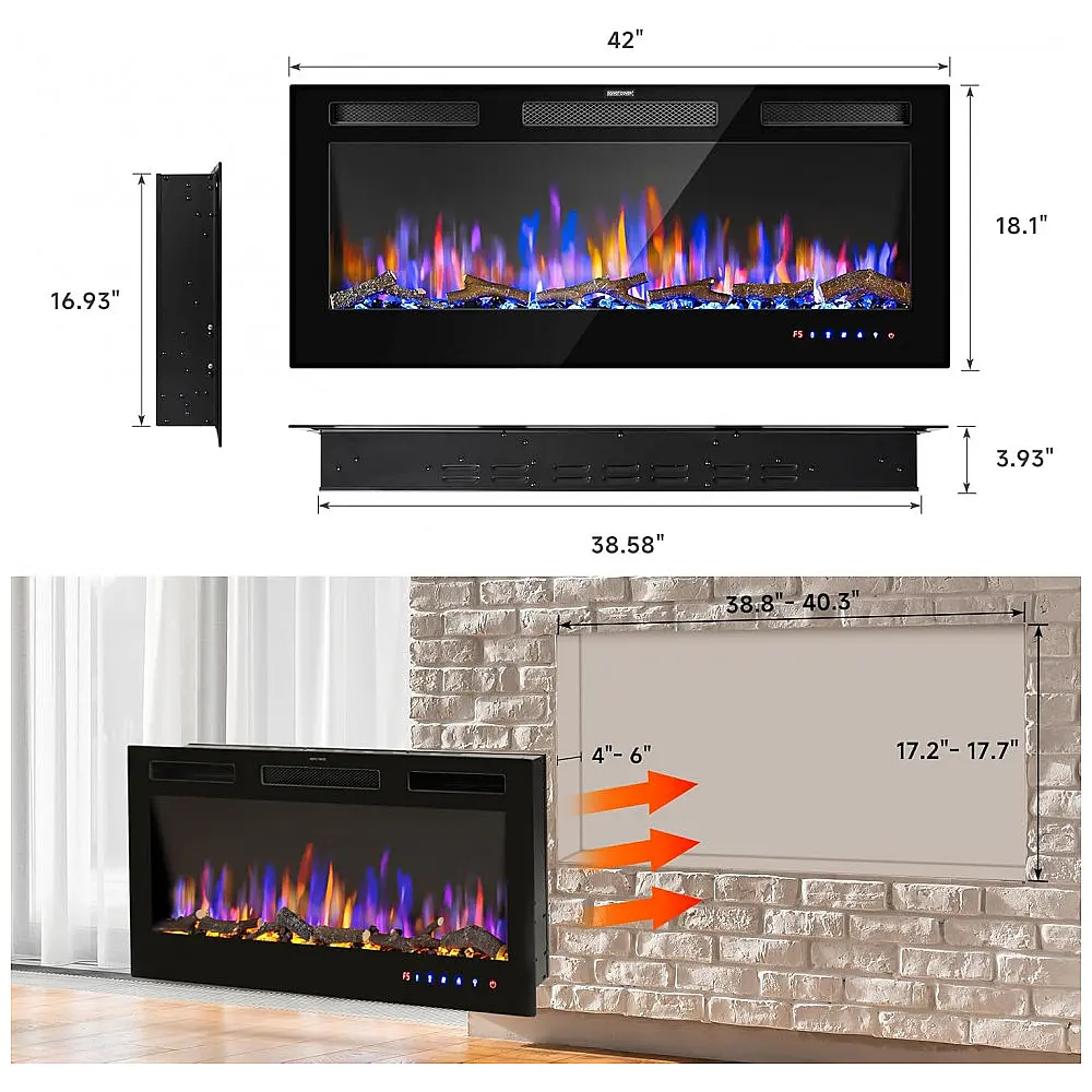 Lareira Elétrica AckMizz 107x46cm 1500W Touch Screen 6 Cores Embutir 110V — foto 2