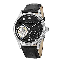 Cubeta Mecânica 492 com Corda Manual de 44mm, Pulseira de Couro Preto e Fivela Tang em Prata - Stuhrling.