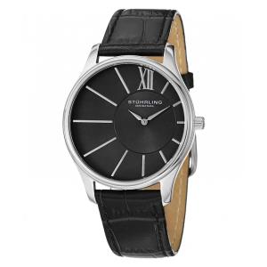 Relógio Stuhrling Cubeta SD 553 Clássico com Mostrador Preto e Pulseira de Couro Preta de 40mm em Prata e Fivela Tang.