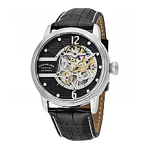 Relógio Automático Próspero Clássico 308A, 44mm, Mostrador Preto, Pulseira de Couro Preta, Prata.