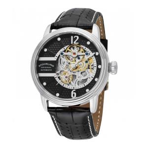 Relógio Automático Próspero Clássico 308A, 44mm, Mostrador Preto, Pulseira de Couro Preta, Prata.