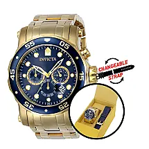 Relógio Masculino Pro Diver com Pulseira Intercambiável, Invicta 23651, Dourado e Azul