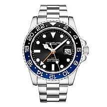 Relógio Masculino Stuhrling Meridian 42mm Mostrador Preto Pulseira Aço Inox Prateada Fivela Implantação