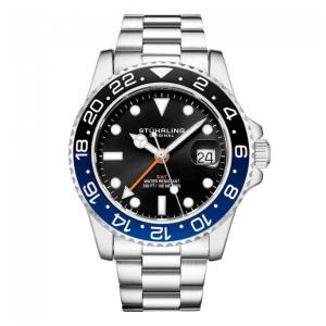 Relógio Masculino Stuhrling Meridian 42mm Mostrador Preto Pulseira Aço Inox Prateada Fivela Implantação