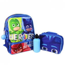 Mochila Escolar Infantil 3D 40cm PJ Masks Catboy, Gekko e Owlette 4 Peças com Lancheira para Crianças, Azul