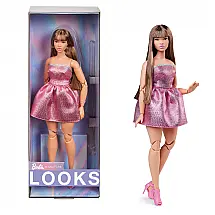 Boneca Barbie Signature Looks 24 colecionador Mattel morena vestido rosa tomara que caia salto peep toe corpo curvy articulado 2024