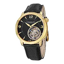 Relgio Eclipse Tourbillon 390 43mm, Mostrador Preto e Dourado, Pulseira de Couro Preta Stuhrling
