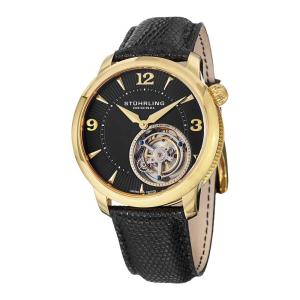 Relgio Eclipse Tourbillon 390 43mm, Mostrador Preto e Dourado, Pulseira de Couro Preta Stuhrling