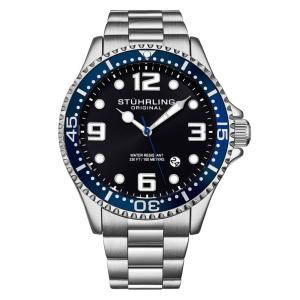 Relgio Regatta Champion 4006 de 44mm, mostrador preto e pulseira de ao inoxidvel prateado com fivela de implantao - Stuhrling.