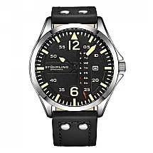 Relógio Stuhrling Aeronaut 3916 Aviador 43mm, Mostrador Preto/Prata, Pulseira Couro Preto com Fivela Prata