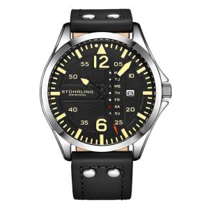 Relógio Stuhrling Aeronaut 3916 Aviador 43mm, Mostrador Preto/Prata, Pulseira Couro Preto com Fivela Prata
