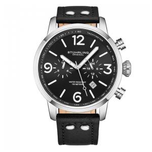 Relógio Masculino Stuhrling 3956 Caixa 45mm, Mostrador Preto e Pulseira de Couro Preto Elegante